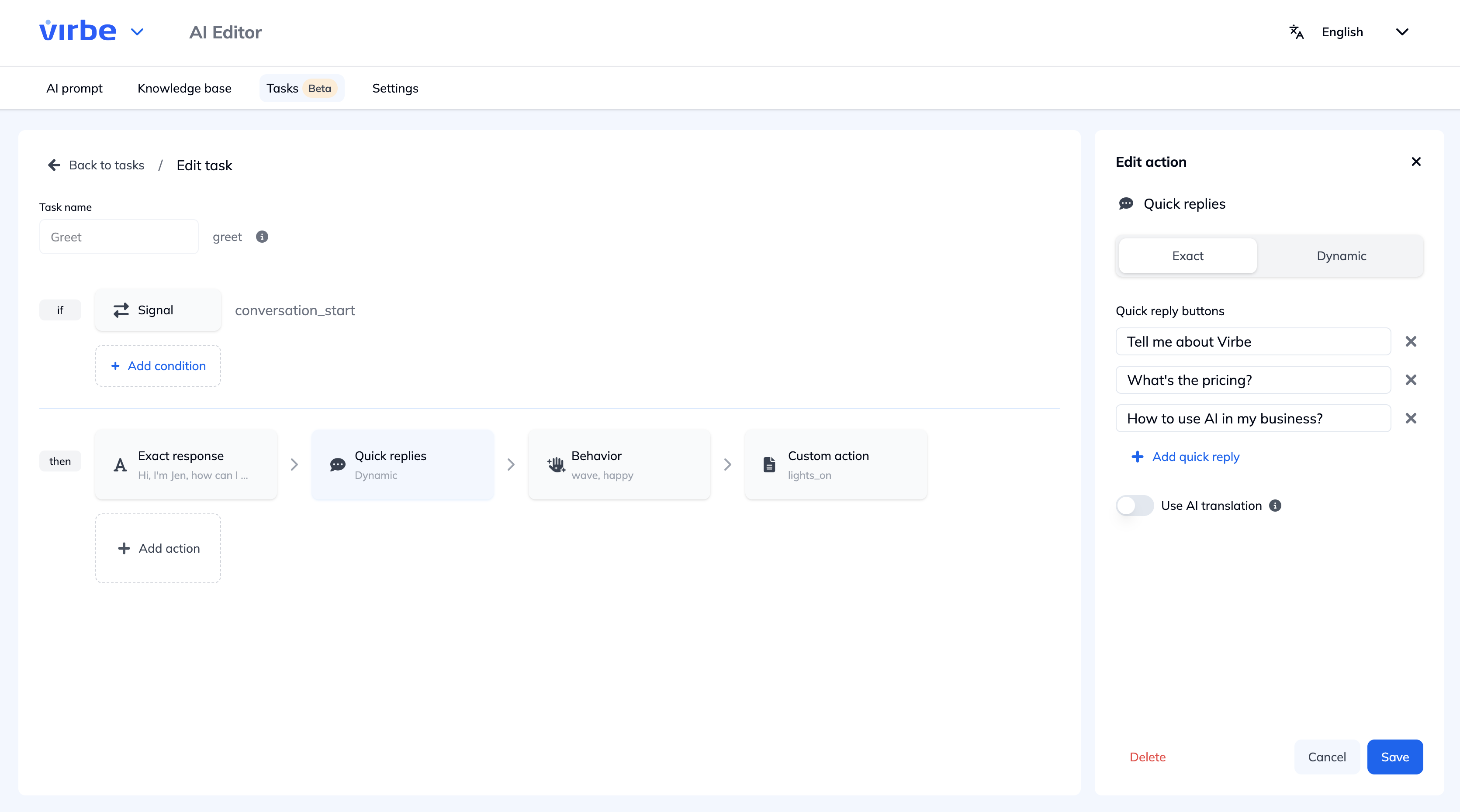 Add action – Exact quick replies