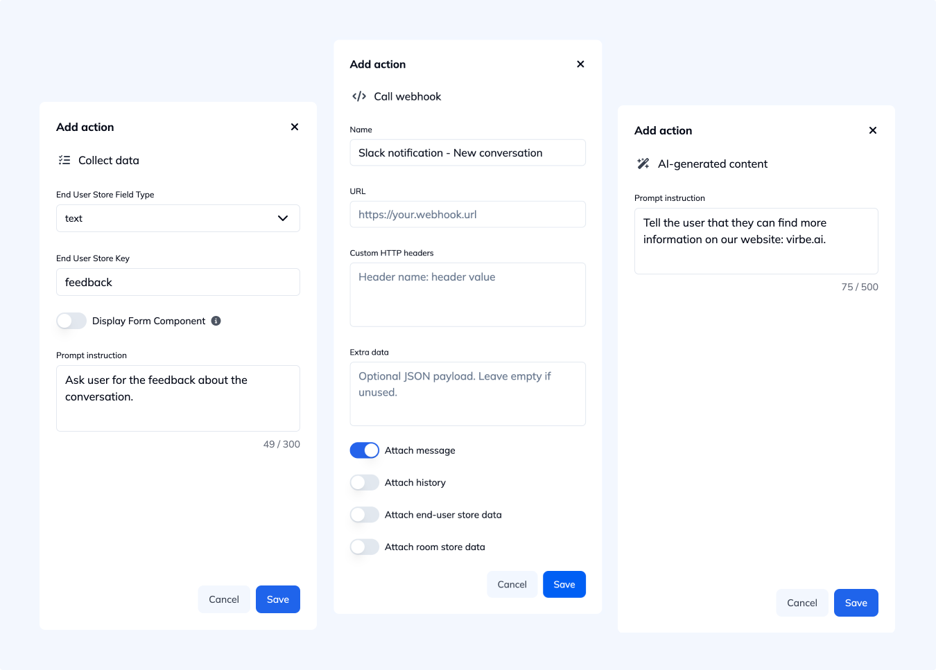 Task actions: Collect data, Call webhook and AI-generated content